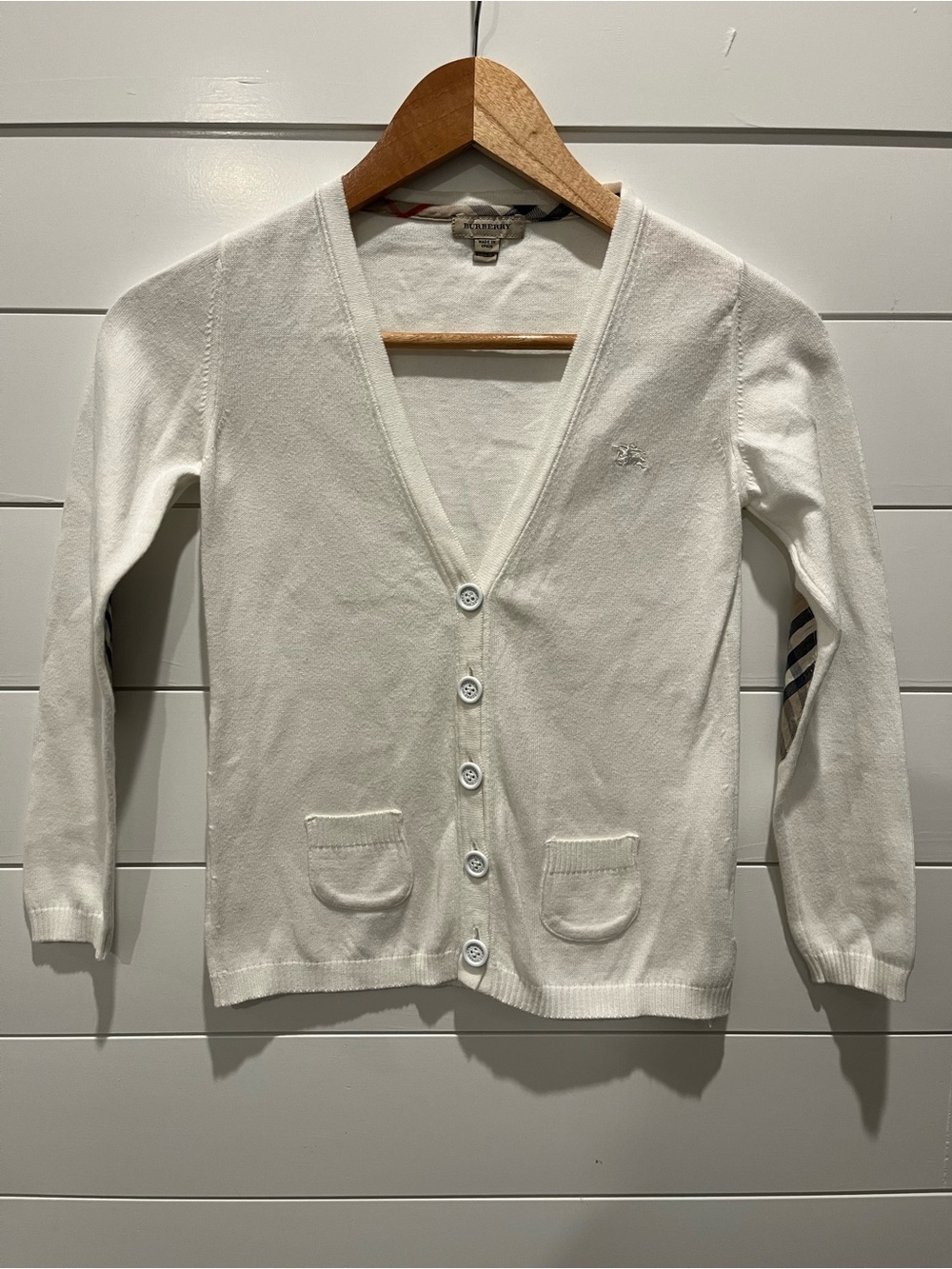 Burberry Kids White V-Neck Cardigan Sweater w/ Check Patches - Size 8